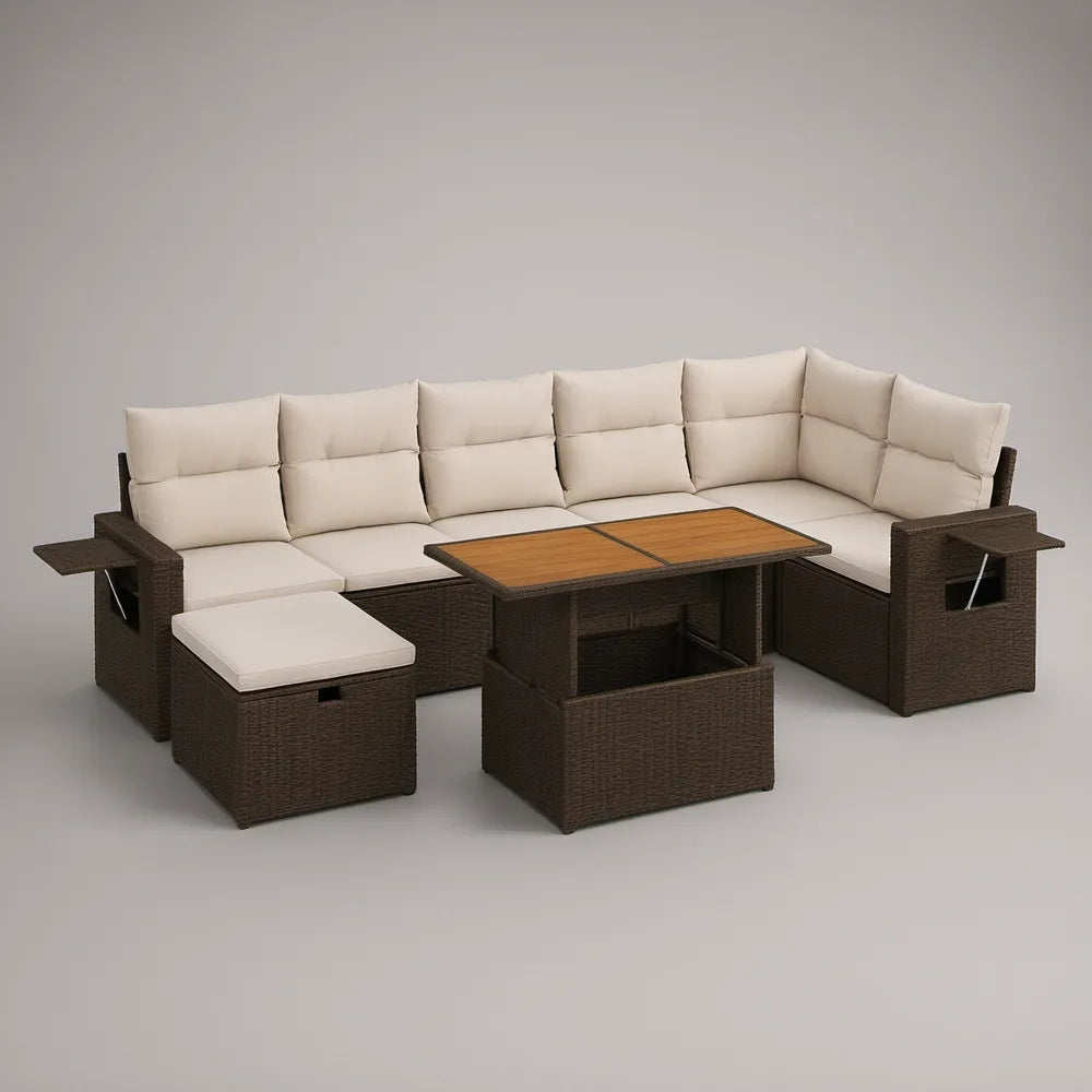 Conjunto de Exterior Modular em L com Mesa e Bancos, Rattan Sintético Castanho-Escuro e Almofadas Creme, 250 x 250 x 85 cm