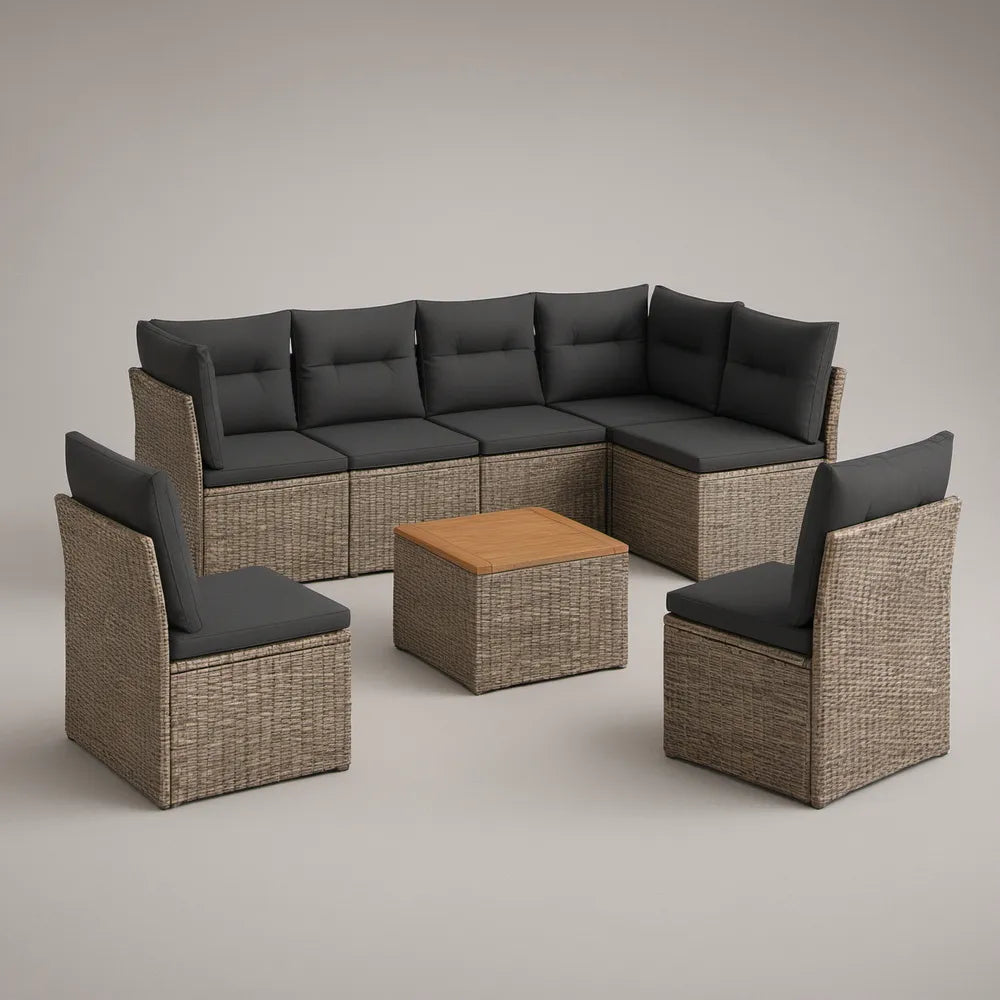 Conjunto modular de exterior em L com 2 poltronas, mesa de centro e almofadas cinzento-escuro, 260 × 200 cm