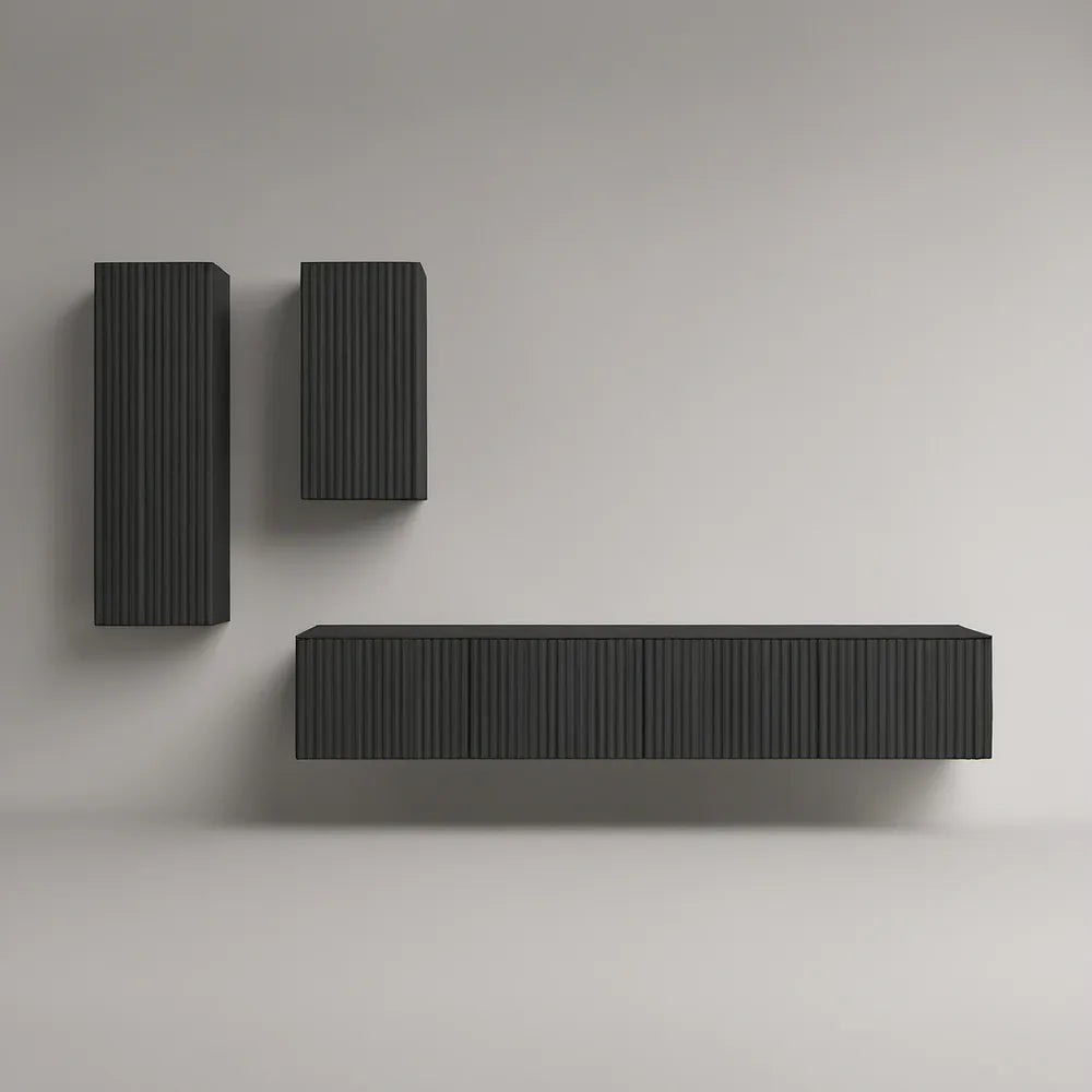 Conjunto Suspenso em MDF Preto Canelado com Módulos de 180 x 30 x 32 cm, 30 x 30 x 100 cm e 30 x 30 x 60 cm