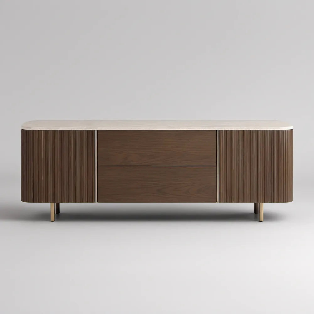 Móvel de TV Retangular 200 x 45 x 65 cm em MDF Folheado a Nogueira com Tampo Bege