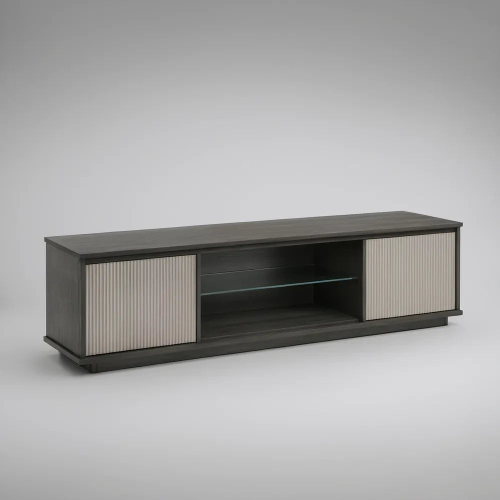 Móvel de TV 160 x 40 x 50 cm em MDF Preto e Bege com Portas de Correr