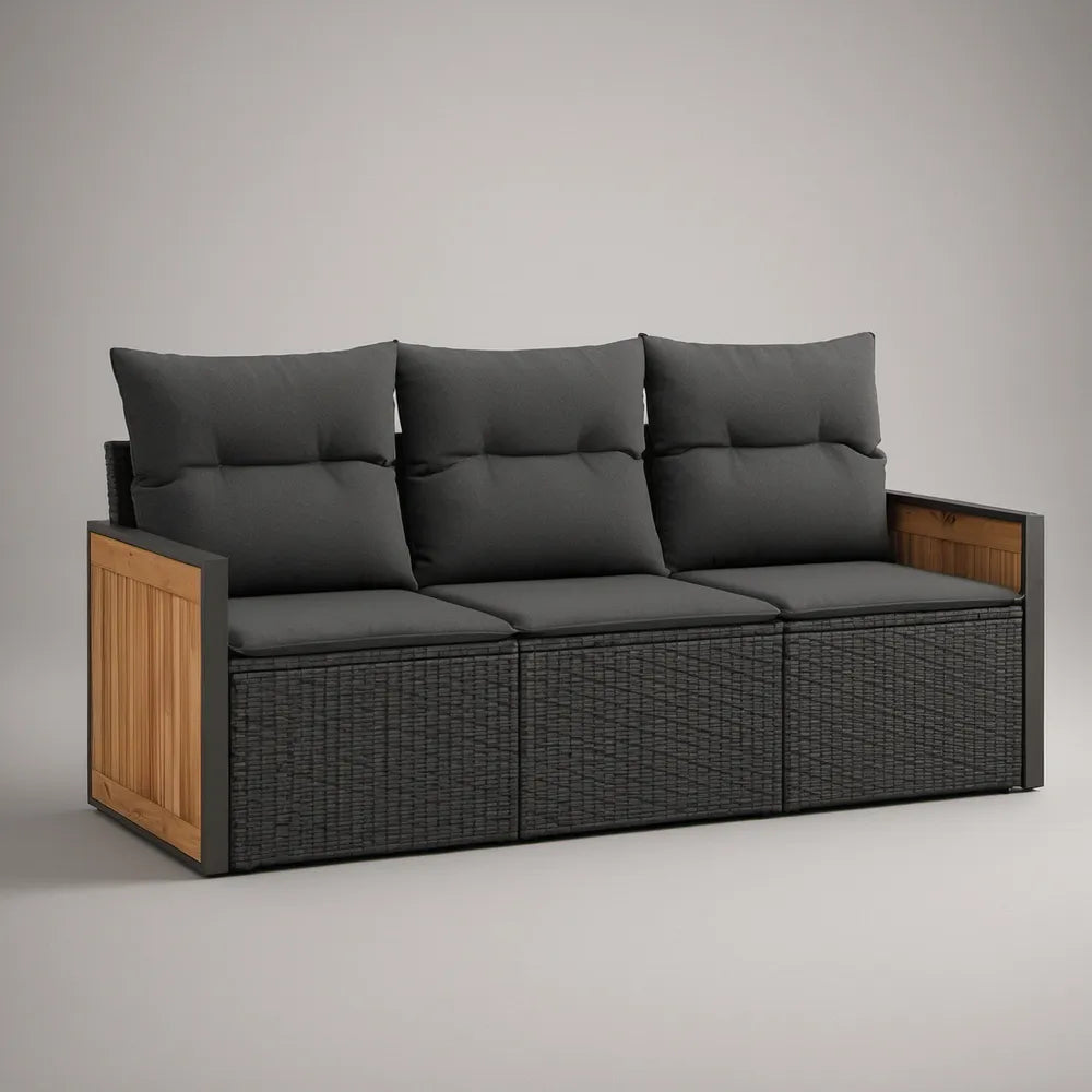 Sofá de Jardim de 3 Lugares em Alumínio, Vime PE e Acácia Cinzento-Antracite e Castanho Natural 200 x 75 x 78 cm