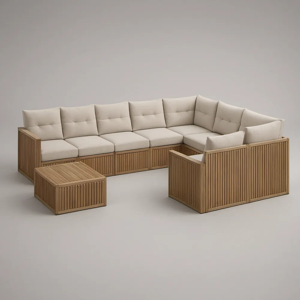 Conjunto de Jardim Modular em Madeira de Acácia Castanho-claro e Bege com Mesa de Centro, 300 x 230 cm