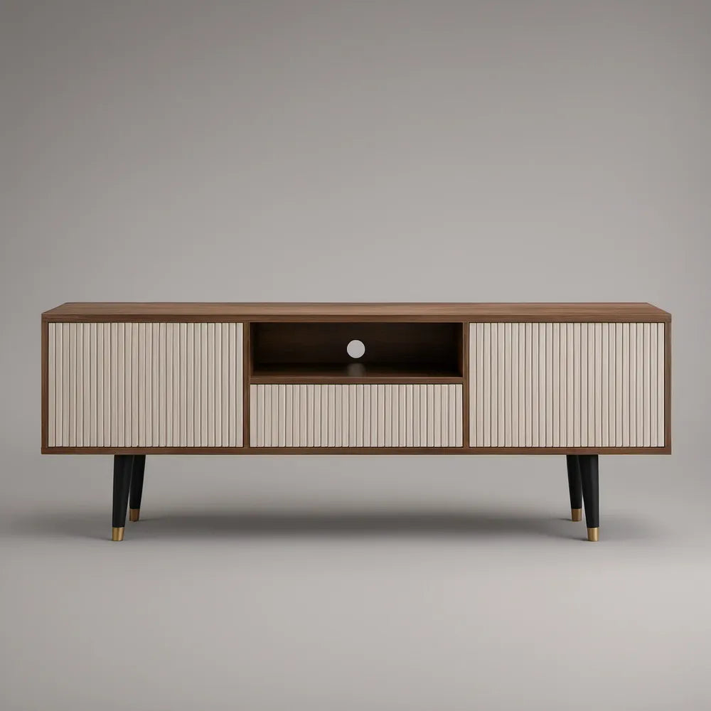 Móvel de TV em MDF Nogueira e Creme com Portas Caneladas, 160 x 40 x 60 cm