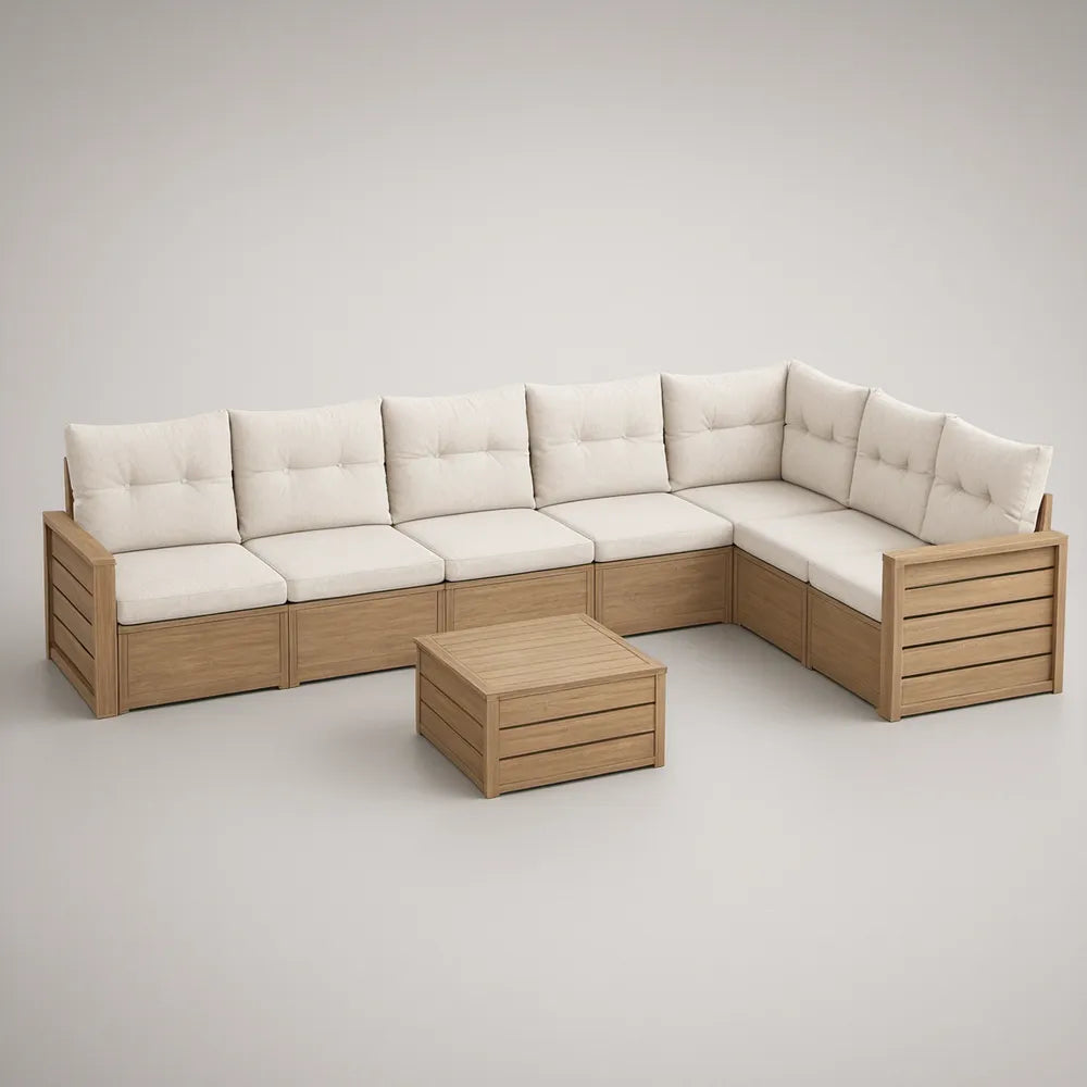 Conjunto Modular de Jardim em L com Mesa de Centro em Madeira de Acácia Castanho Natural e Bege, 300 x 230 x 78 cm
