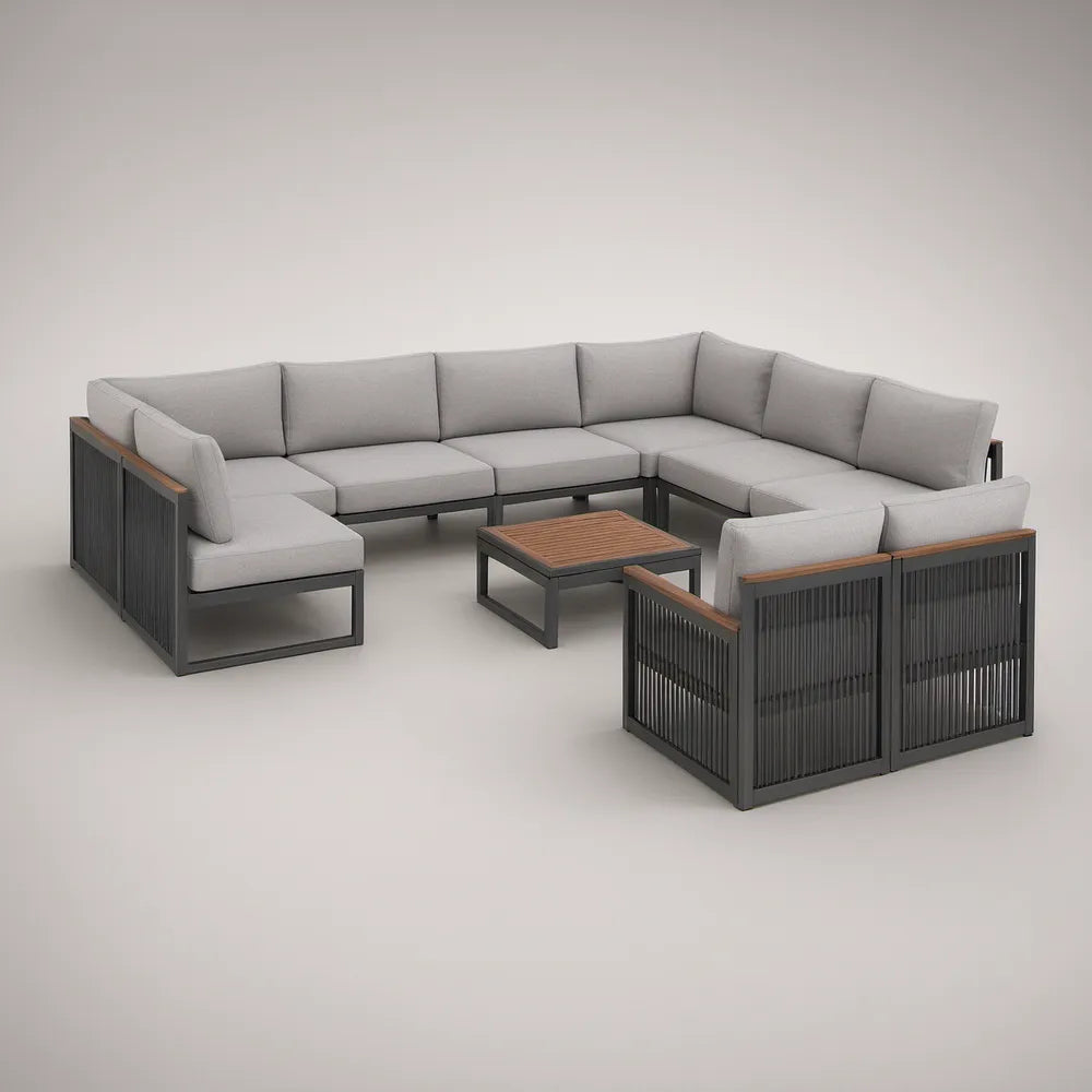 Conjunto Modular de Jardim em L com 7 Peças, Alumínio e Corda PE, Cinzento/Preto/Castanho, 300 x 230 cm