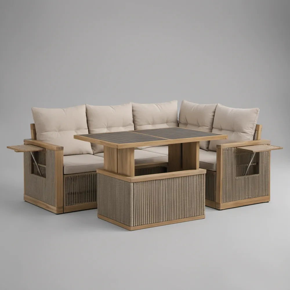 Conjunto de Sofás de Jardim em L com Mesa, Madeira de Acácia e Corda PP, Castanho e Bege, 230 x 230 cm
