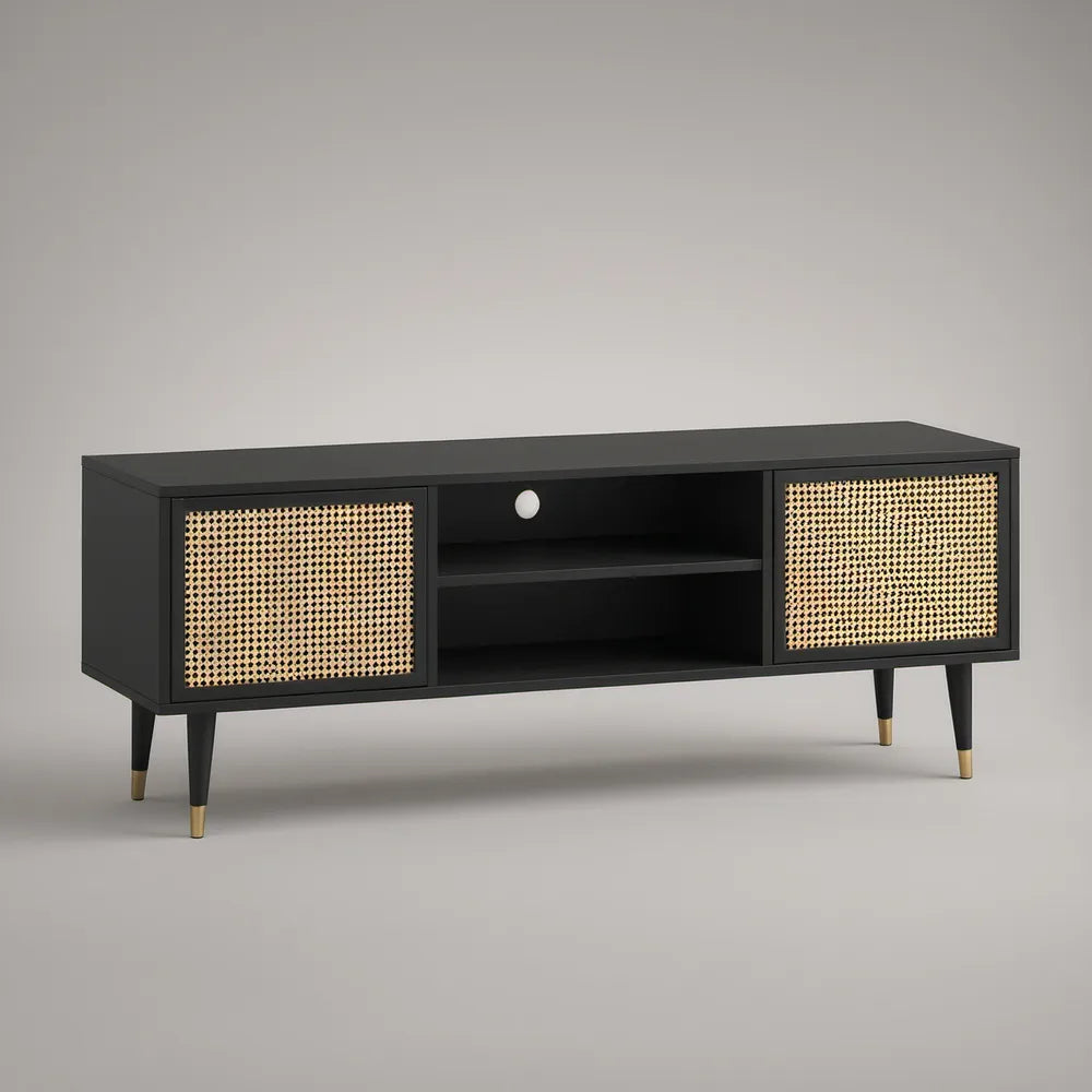 Móvel de TV Retangular em MDF Preto com Portas em Vime Natural, 140 x 40 x 60 cm