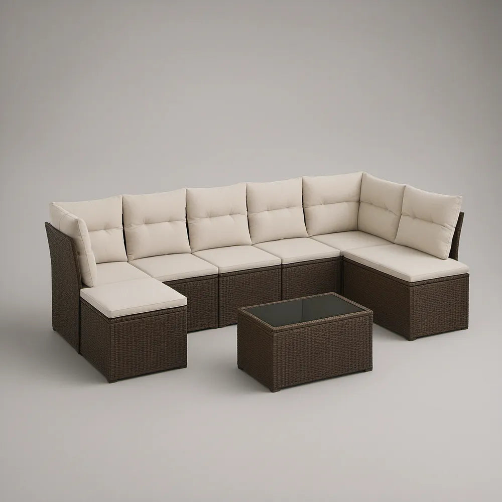Conjunto modular de jardim em L com mesa, 7 peças, rattan PE castanho e almofadas bege, 280 x 210 cm