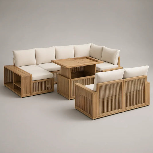 Conjunto Modular de Exterior em U com Mesa de Centro em Bambu, Castanho-claro e Bege, 300 x 220 x 70 cm