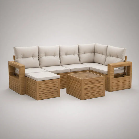 Conjunto de Jardim em L de 6 Peças com Mesa de Centro, Madeira Maciça de Acácia, Castanho Natural e Bege, 285 x 220 x 82 cm