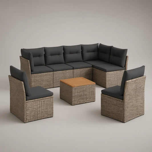 Conjunto modular de exterior em L com 2 poltronas, mesa de centro e almofadas cinzento-escuro, 260 × 200 cm