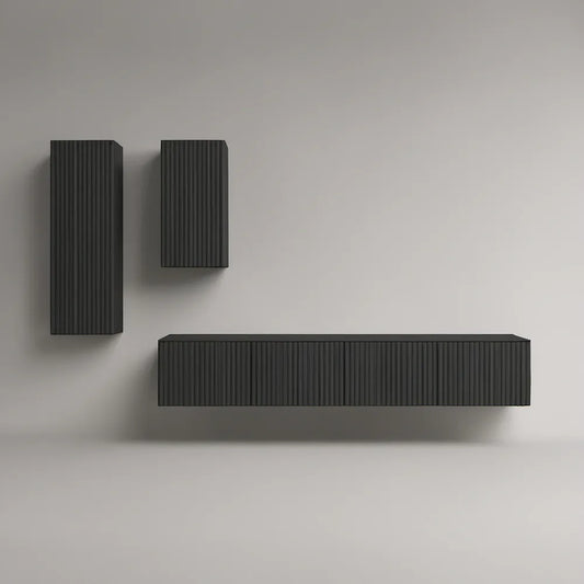 Conjunto Suspenso em MDF Preto Canelado com Módulos de 180 x 30 x 32 cm, 30 x 30 x 100 cm e 30 x 30 x 60 cm