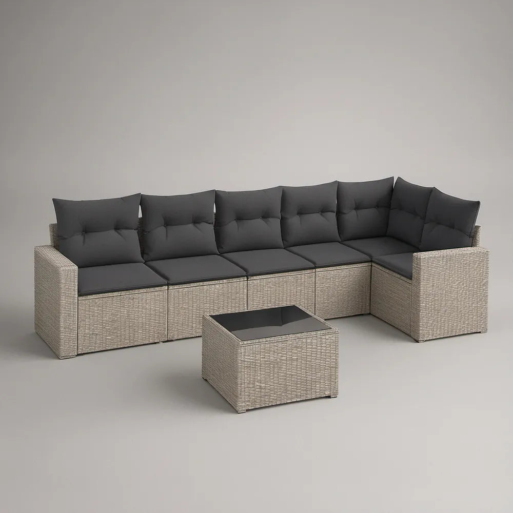 Conjunto Modular de Jardim em L para 6 Lugares em Vime PE Bege com Almofadas Antracite e Mesa 280 x 210 cm