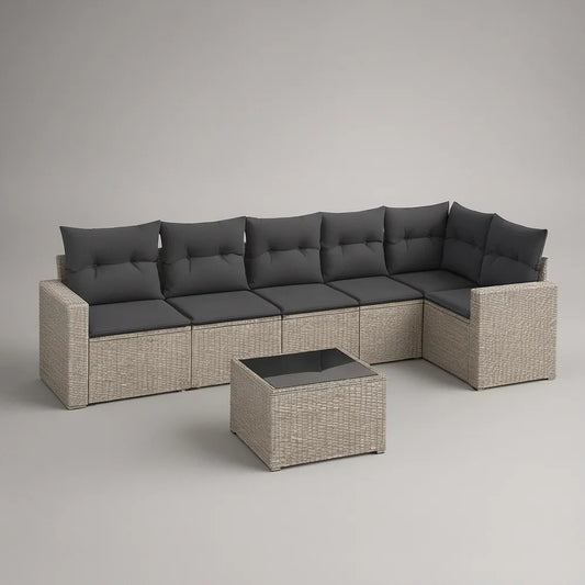 Conjunto Modular de Jardim em L para 6 Lugares em Vime PE Bege com Almofadas Antracite e Mesa 280 x 210 cm