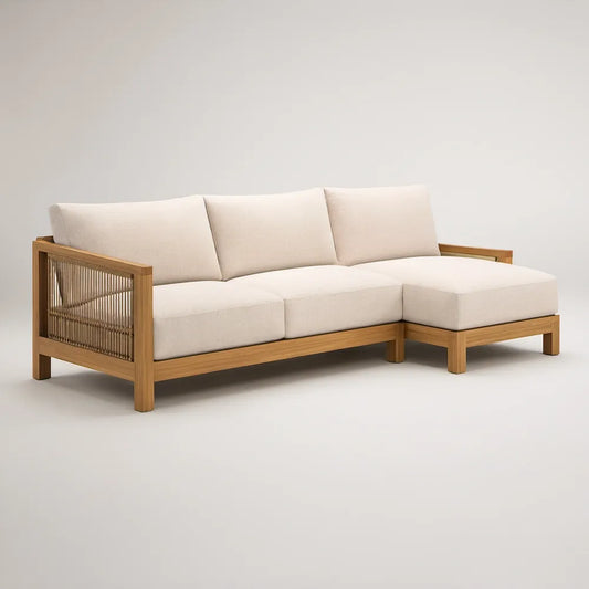 Sofá de Jardim Modular em L com Chaise Longue à Direita 240 x 150 x 78 cm em Madeira de Teca e Corda PP Bege