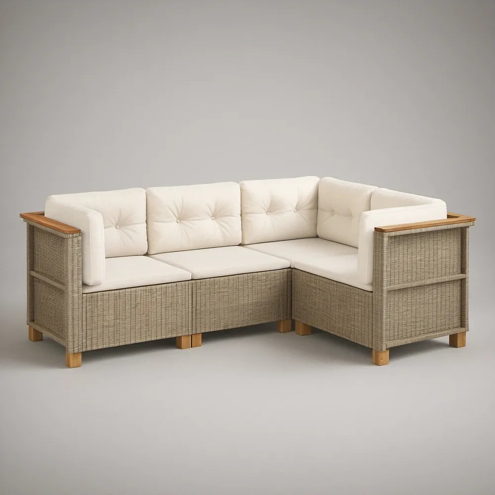 Sofá de Jardim Modular em L para 4 Lugares em Vime PE Bege com Almofadas Creme, 200 x 200 x 82 cm