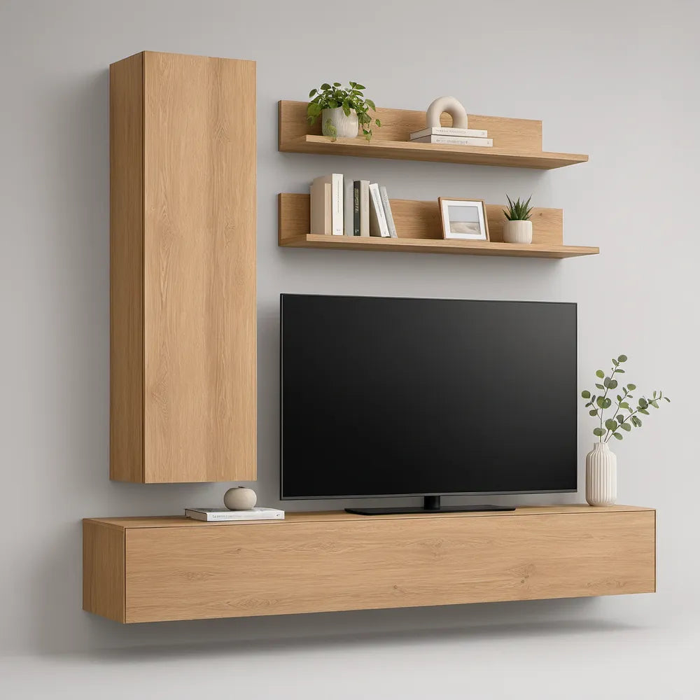 Conjunto suspenso para TV em carvalho natural com armário 30 x 32 x 140 cm, móvel baixo 180 x 35 x 30 cm e 2 prateleiras