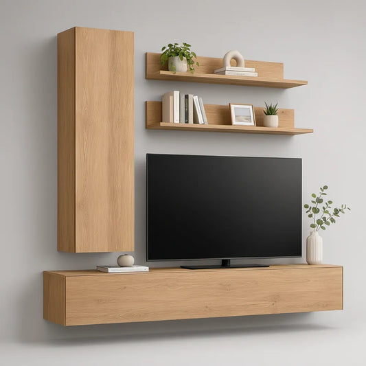 Conjunto suspenso para TV em carvalho natural com armário 30 x 32 x 140 cm, móvel baixo 180 x 35 x 30 cm e 2 prateleiras