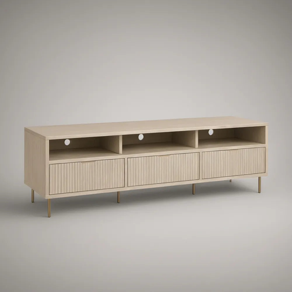 Móvel para TV em MDF Bege com Portas Caneladas e Pernas em Latão, 180 x 40 x 60 cm