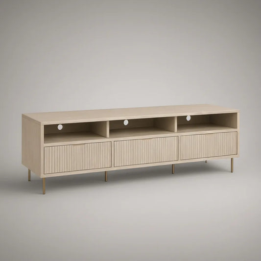 Móvel para TV em MDF Bege com Portas Caneladas e Pernas em Latão, 180 x 40 x 60 cm