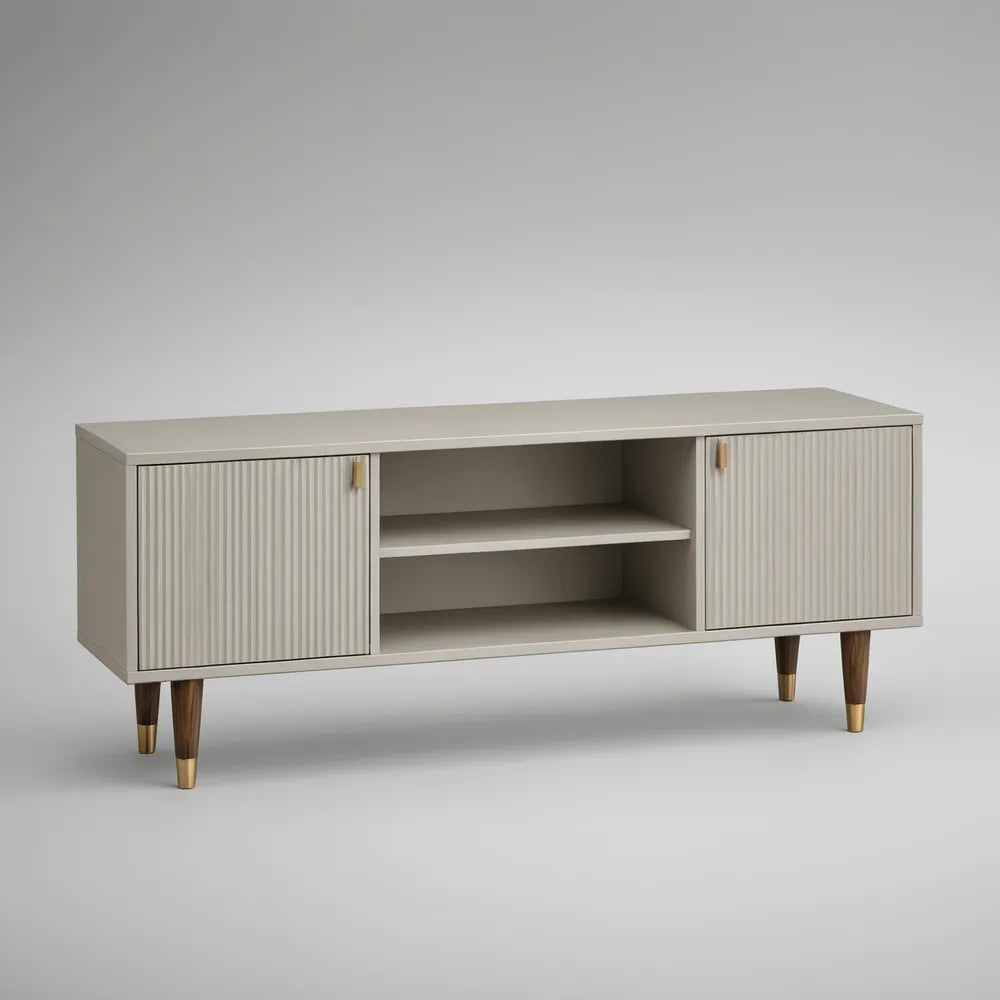 Móvel de TV em MDF Bege com Portas de Correr, Pés em Madeira Maciça e Detalhes Dourados 160 x 40 x 65 cm