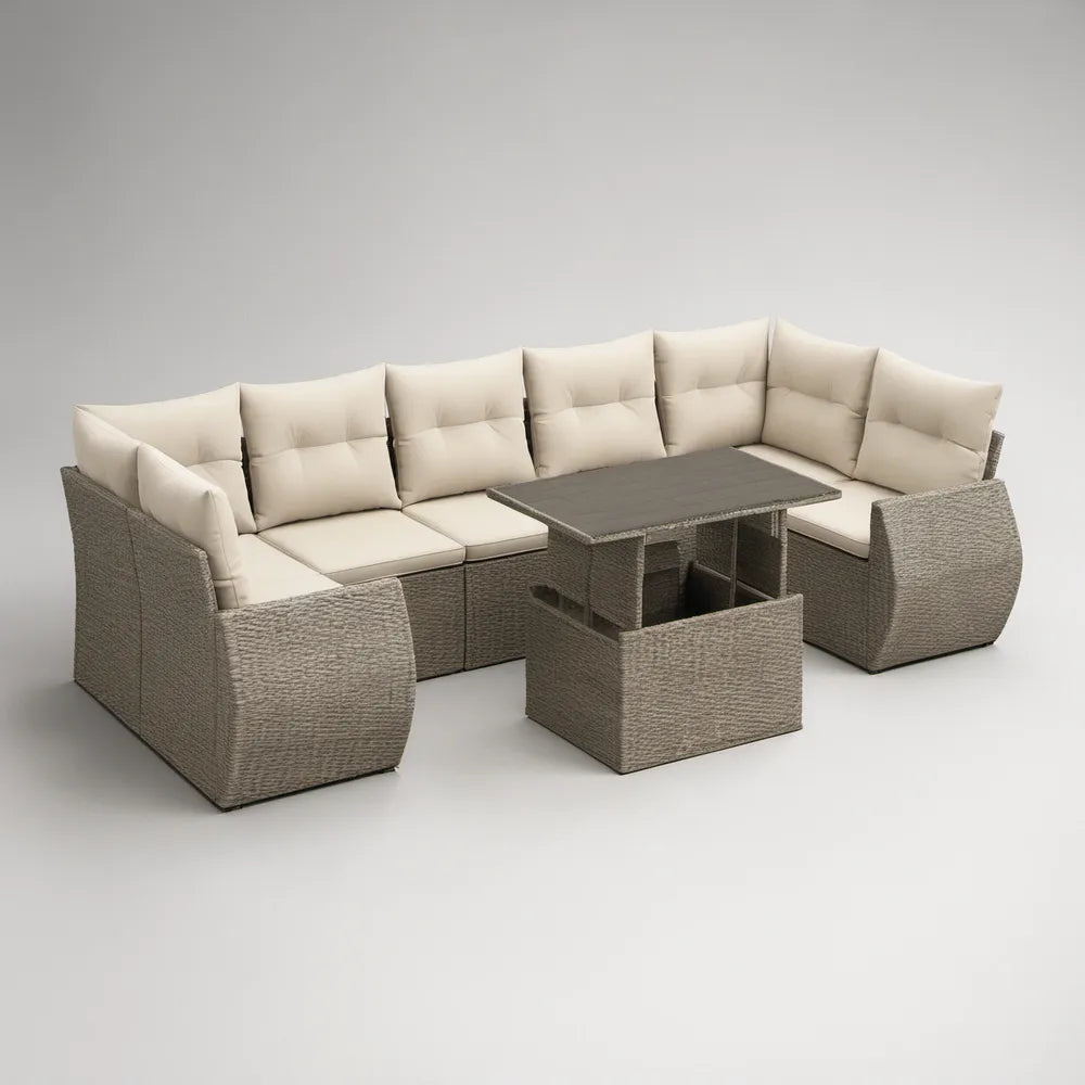 Conjunto de Jardim Modular em L para 6 Lugares, Vime PE Cinzento-Acastanhado com Almofadas Bege e Mesa 120 x 70 x 65 cm
