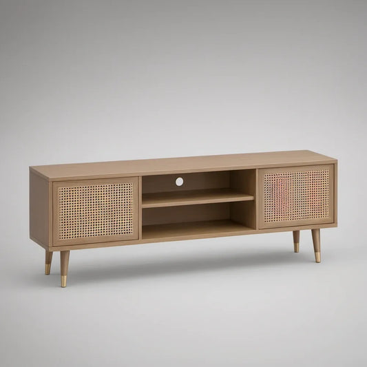 Móvel de TV em MDF com Portas em Vime Natural Bege e Dourado 140 x 40 x 60 cm