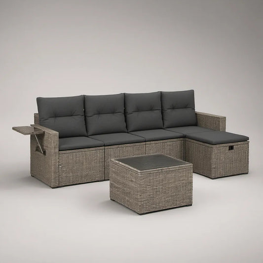 Conjunto de jardim em L cinzento acastanhado com almofadas antracite, 280 x 140 x 85 cm