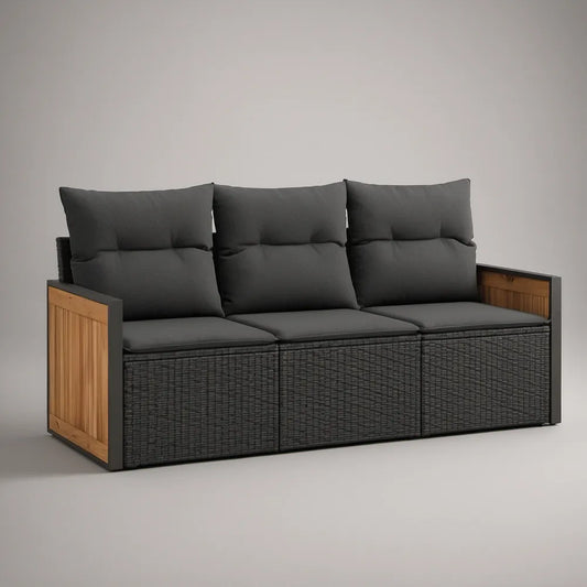 Sofá de Jardim de 3 Lugares em Alumínio, Vime PE e Acácia Cinzento-Antracite e Castanho Natural 200 x 75 x 78 cm