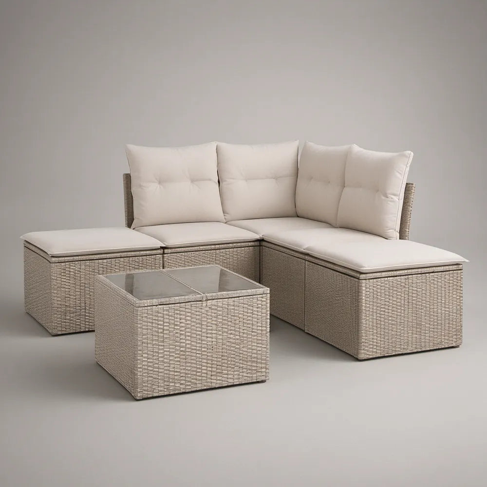 Conjunto Modular de Exterior em L 210 x 210 x 78 cm com Mesa 70 x 70 x 40 cm em Bege Acinzentado e Creme