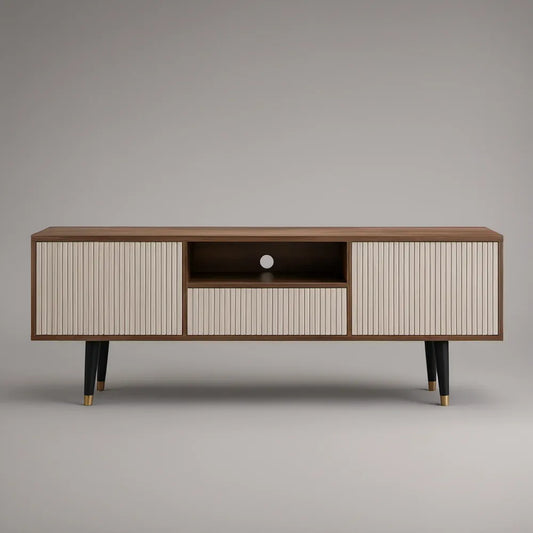 Móvel de TV em MDF Nogueira e Creme com Portas Caneladas, 160 x 40 x 60 cm