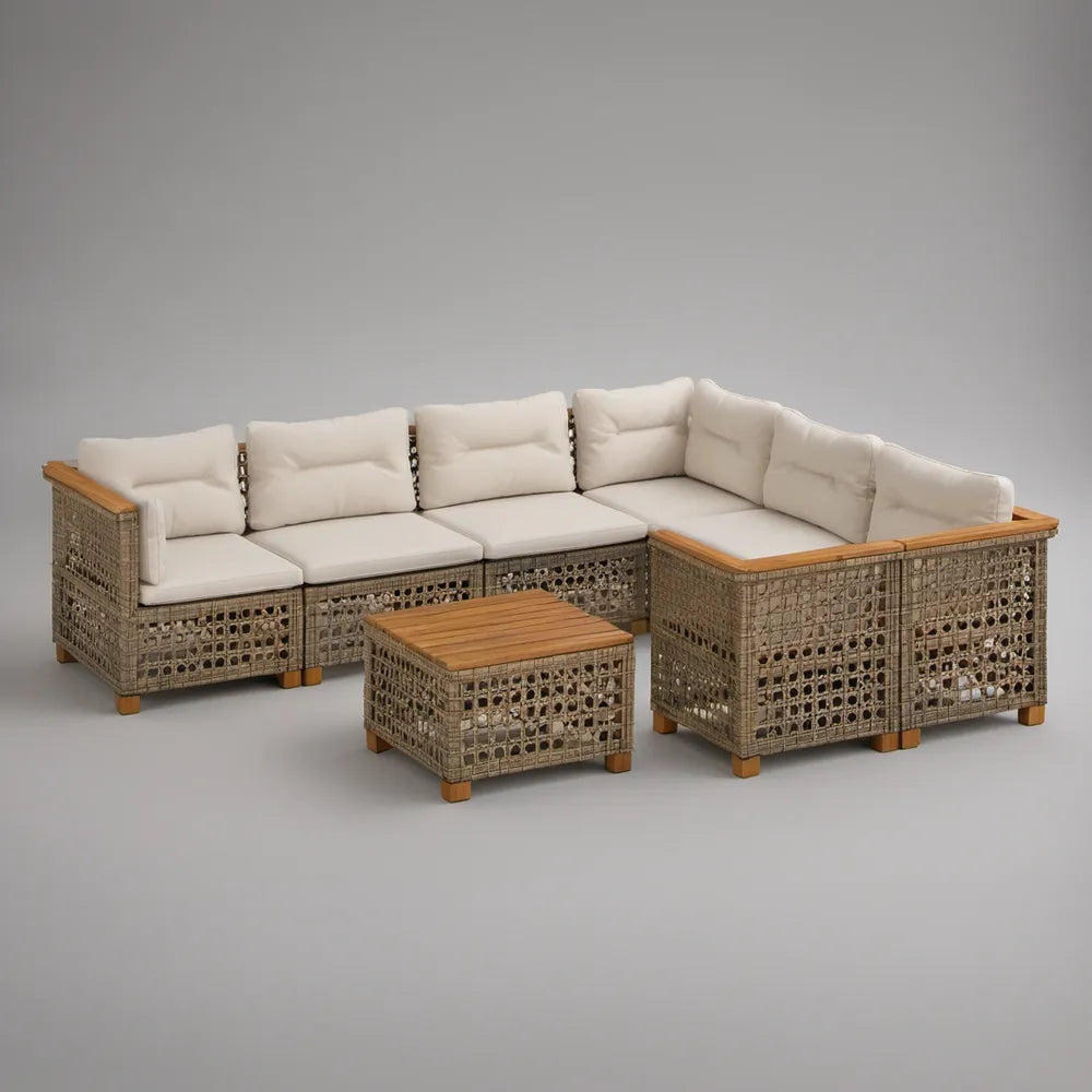 Conjunto Modular de Exterior em L com 6 Peças, Vime PE Bege Acinzentado e Almofadas Branco Cru, 222 x 222 x 65 cm