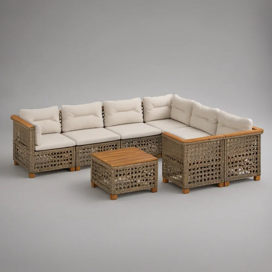 Conjunto Modular de Exterior em L com 6 Peças, Vime PE Bege Acinzentado e Almofadas Branco Cru, 222 x 222 x 65 cm