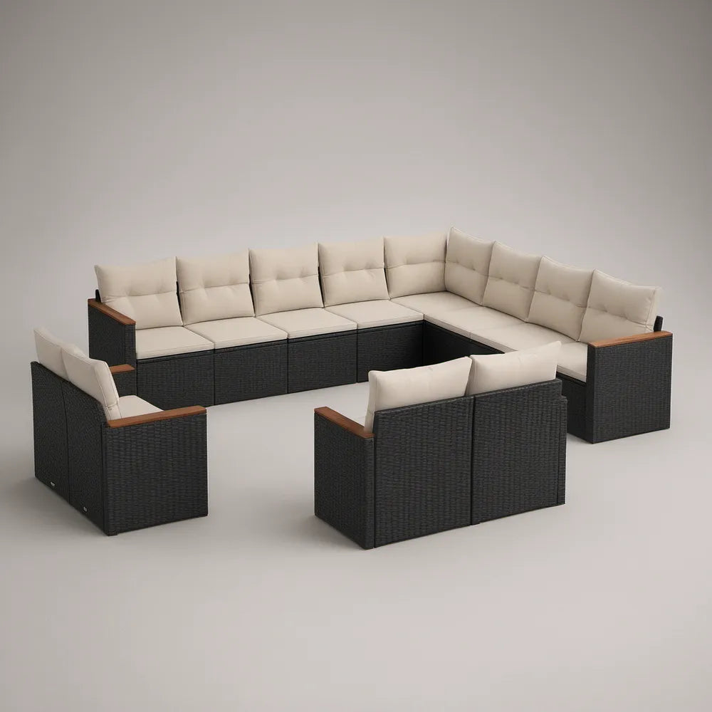 Conjunto de Exterior em U de 11 Lugares em Vime PE Preto, Bege e Castanho, 300 x 220 x 85 cm