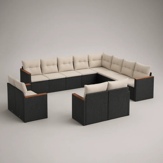 Conjunto de Exterior em U de 11 Lugares em Vime PE Preto, Bege e Castanho, 300 x 220 x 85 cm