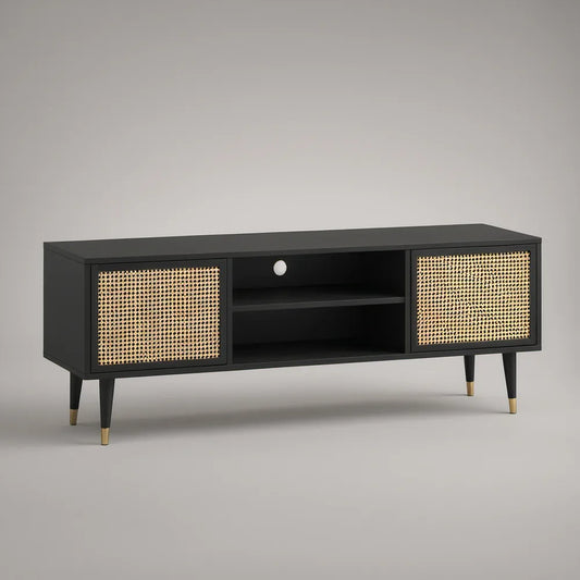 Móvel de TV Retangular em MDF Preto com Portas em Vime Natural, 140 x 40 x 60 cm