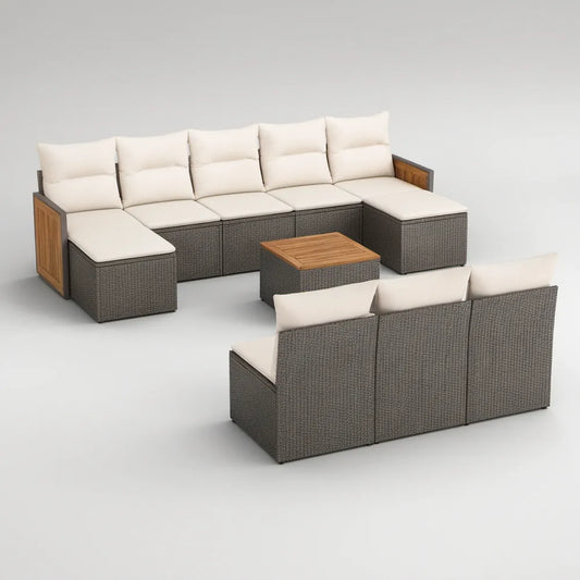Conjunto Modular de Jardim em Vime PE Cinzento com Almofadas Bege e Mesa de Acácia, 350 x 210 x 85 cm